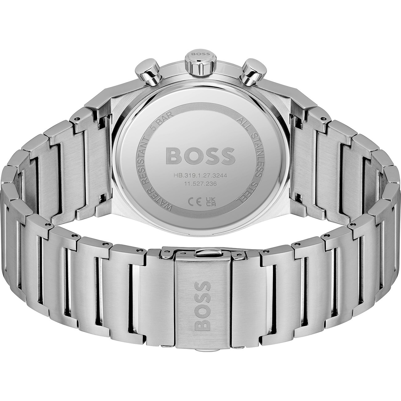Boss Herrenuhr aus Edelstahl mit silberfarbenem Gehäuse und Armband.