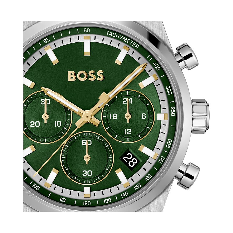 Boss Herrenuhr mit Edelstahlgehäuse, grünem Zifferblatt und goldenen Akzenten.