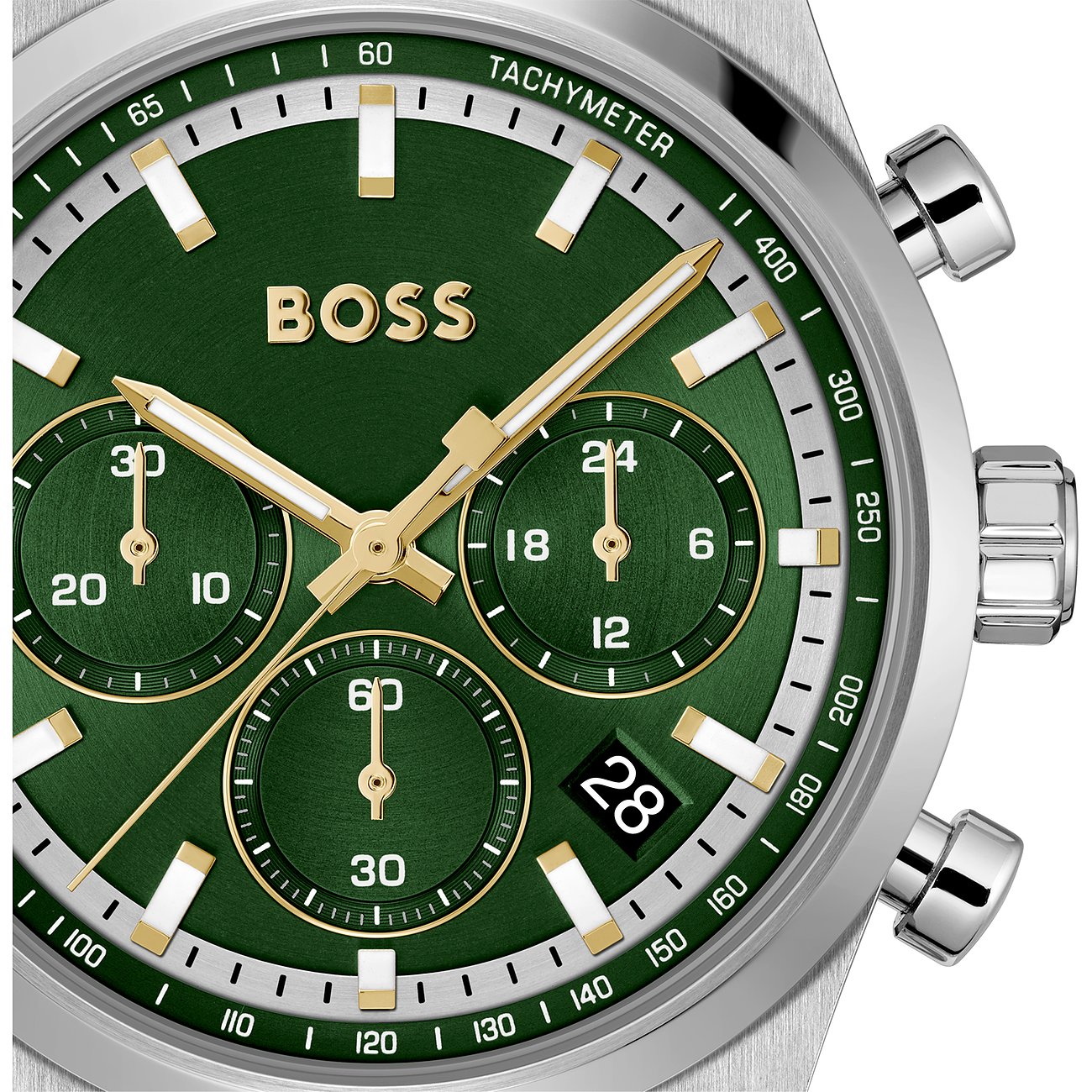 Boss Herrenuhr mit Edelstahlgehäuse, grünem Zifferblatt und goldenen Akzenten.