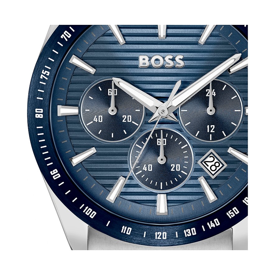 Boss Herrenuhr mit Edelstahlgehäuse, blaues Zifferblatt und Chronographenanzeige.