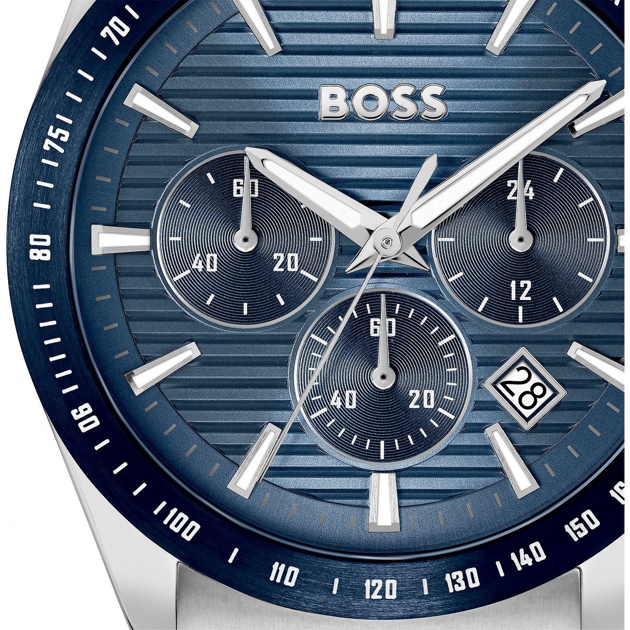 Boss Herrenuhr mit Edelstahlgehäuse, blaues Zifferblatt und Chronographenanzeige.
