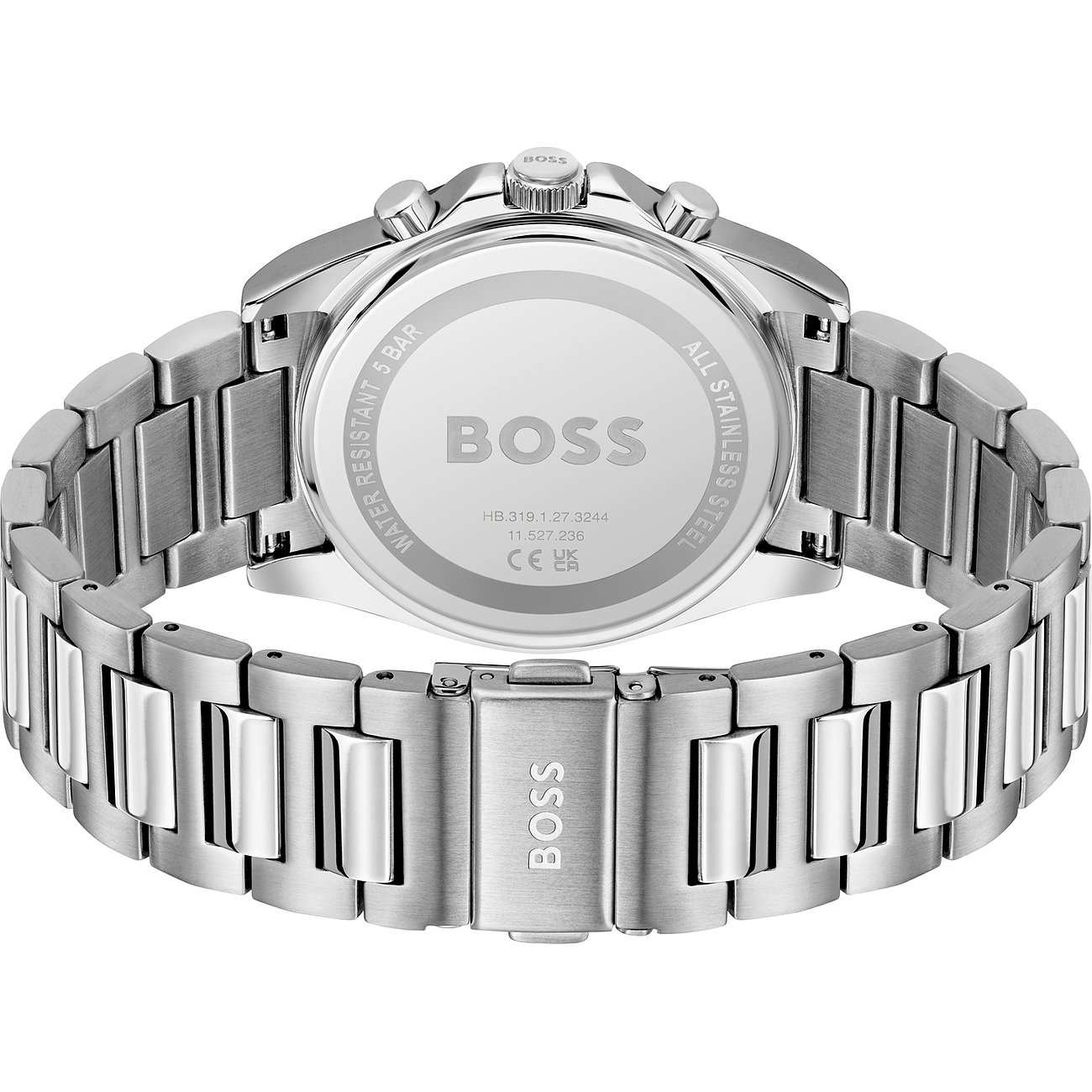 Boss Herrenuhr aus Edelstahl mit silberfarbenem Gehäuse und Armband.