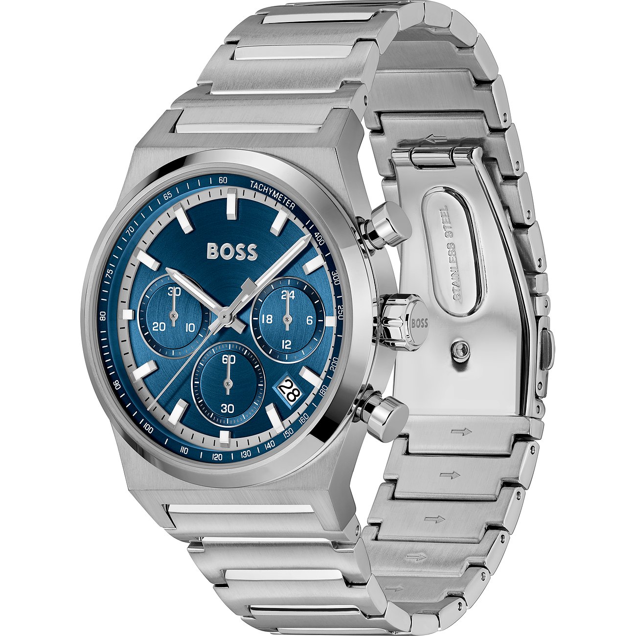 Boss Herrenuhr mit Edelstahlgehäuse, blauem Zifferblatt und Chronograph.