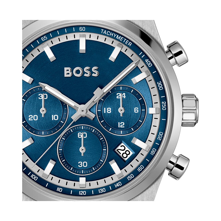Boss Herrenuhr mit Edelstahlgehäuse, blauem Zifferblatt und Chronographenanzeige.