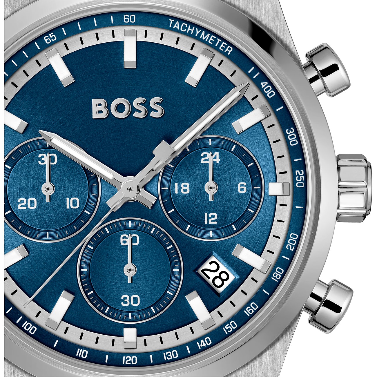 Boss Herrenuhr mit Edelstahlgehäuse, blauem Zifferblatt und Chronographenanzeige.