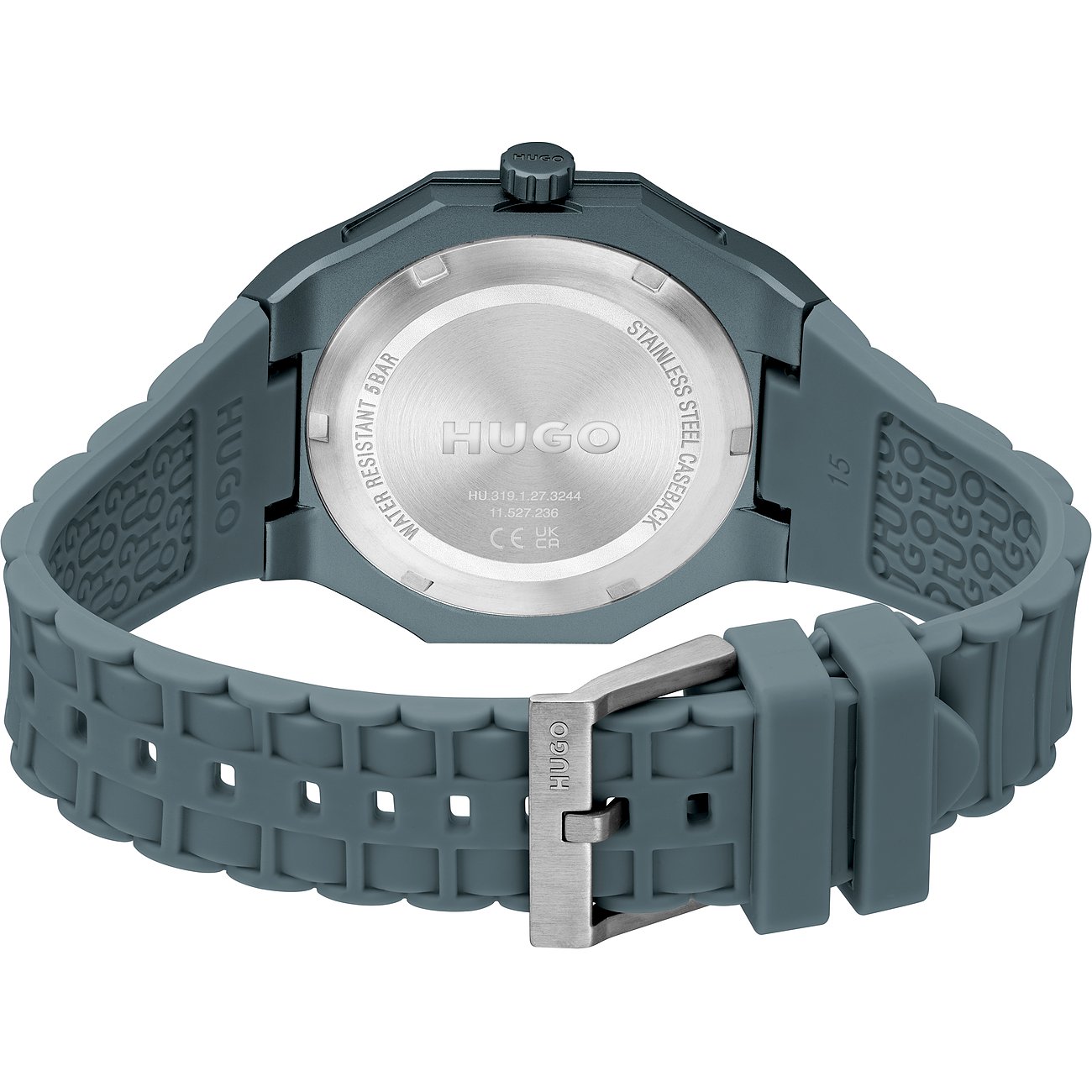Hugo Herrenuhr mit Edelstahlgehäuse, grauem Armband und silberfarbener Schließe.