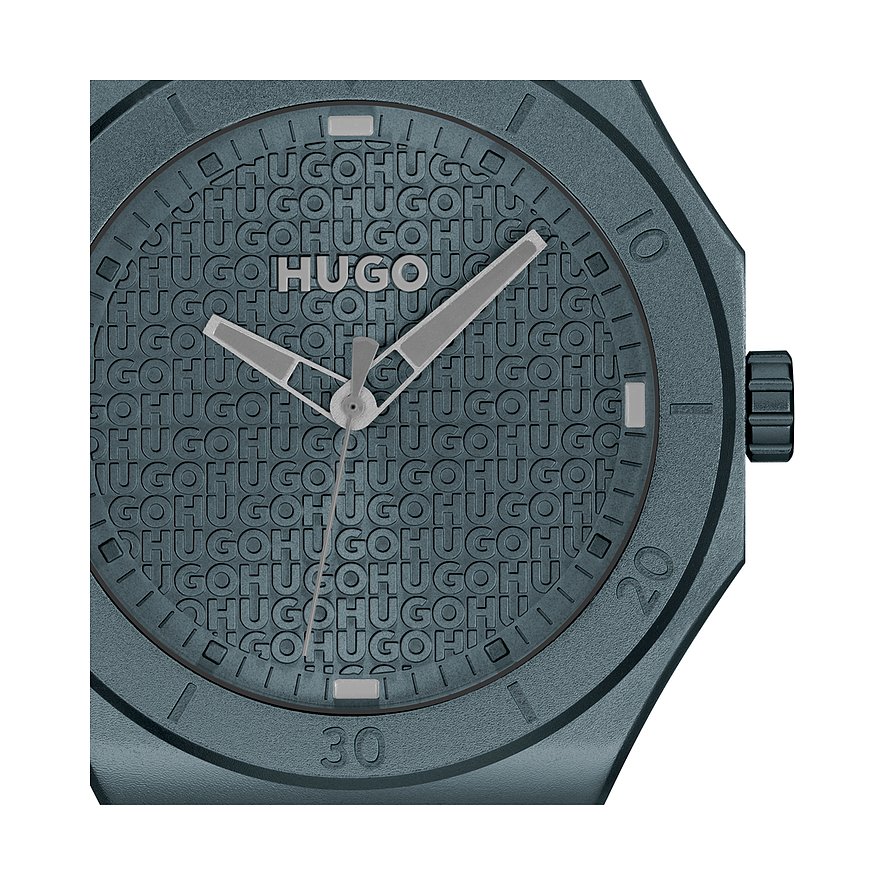 Hugo Herrenuhr mit Edelstahlgehäuse und analoger Anzeige mit HUGO-Schriftzug-Zifferblatt.