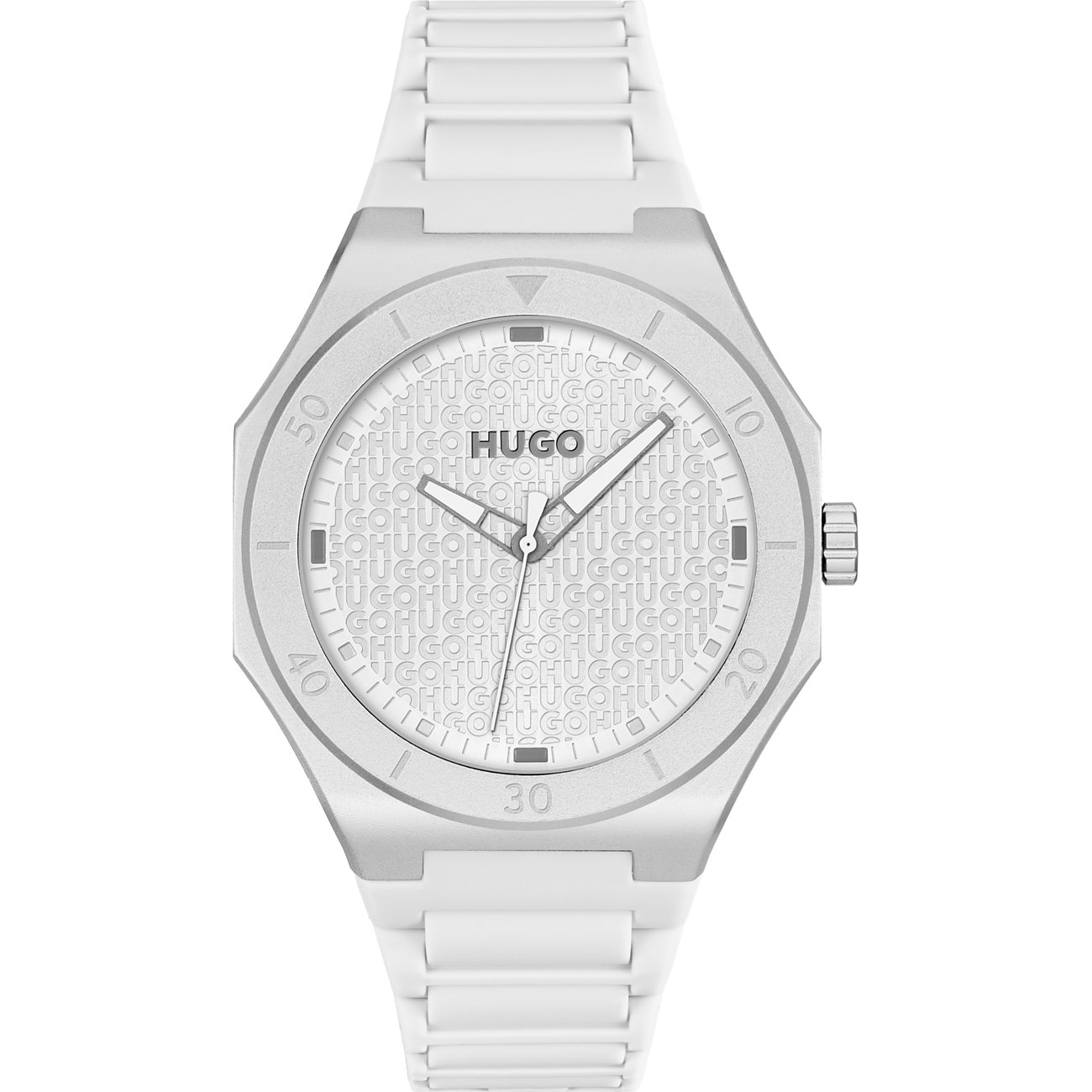 Hugo Herrenuhr mit Edelstahlgehäuse, analog, weißes Zifferblatt mit Logo-Muster.
