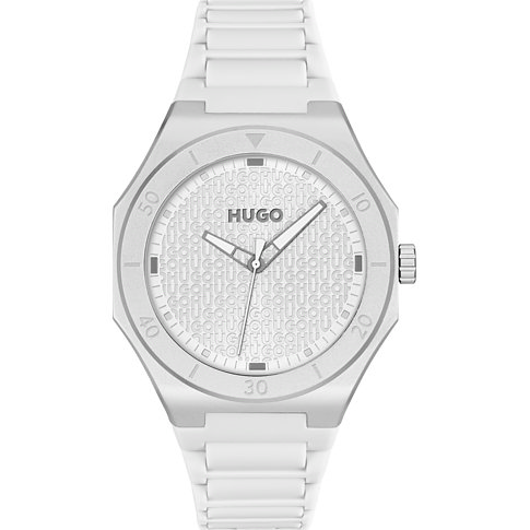 Hugo Herrenuhr mit Edelstahlgehäuse, analog, weißes Zifferblatt mit Logo-Muster.