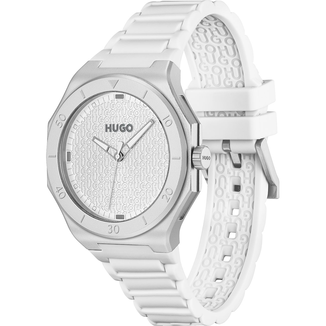 Hugo Herrenuhr mit Edelstahlgehäuse und weißem Armband, analog.