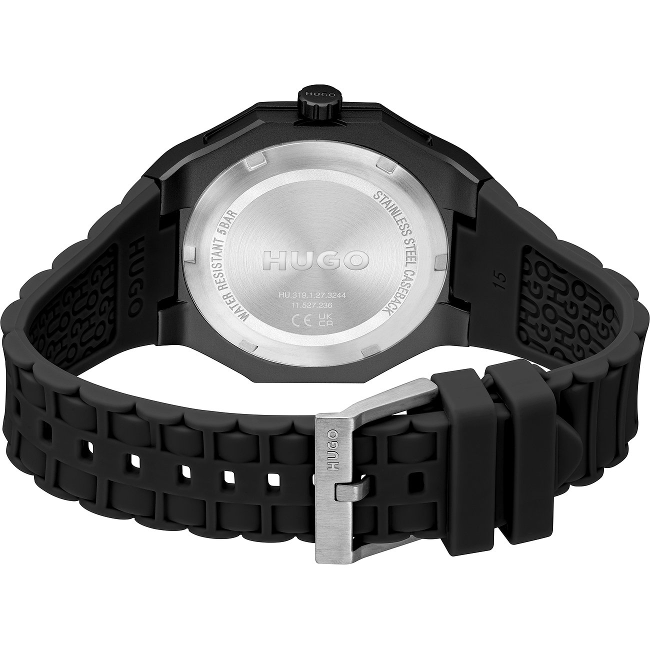 Hugo Herrenuhr mit Edelstahlgehäuse und schwarzem Armband.