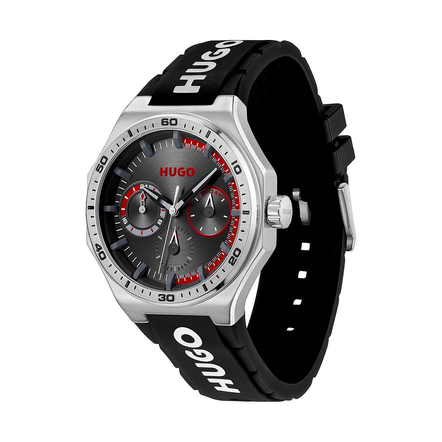 Hugo Herrenuhr mit Edelstahlgehäuse, grauem Zifferblatt und schwarzem Armband.