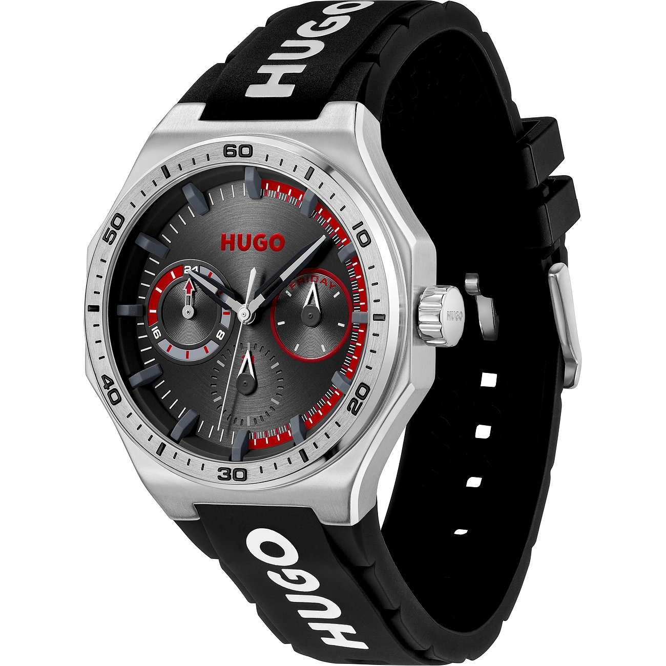 Hugo Herrenuhr mit Edelstahlgehäuse, grauem Zifferblatt und schwarzem Armband.