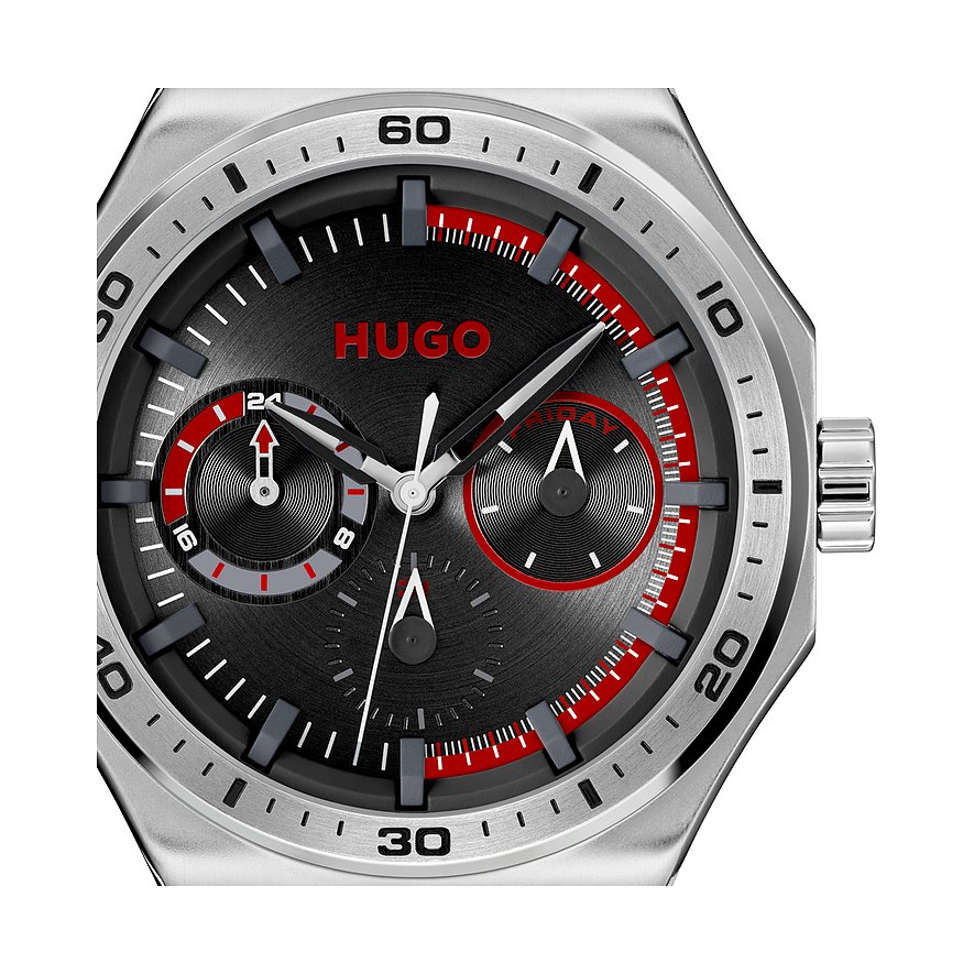 Hugo Herrenuhr mit Edelstahlgehäuse, analog, mit roten Akzenten.