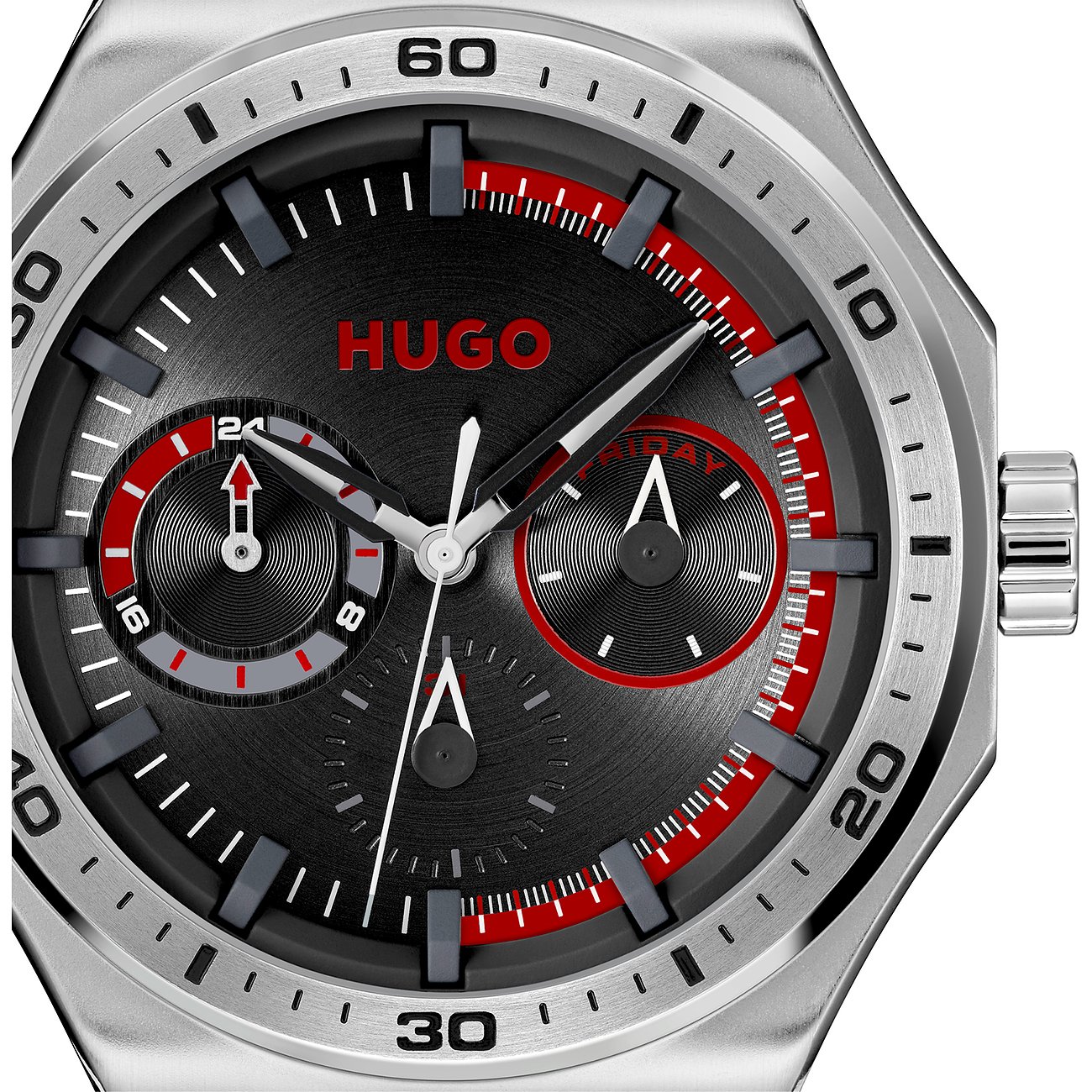 Hugo Herrenuhr mit Edelstahlgehäuse, analog, mit roten Akzenten.