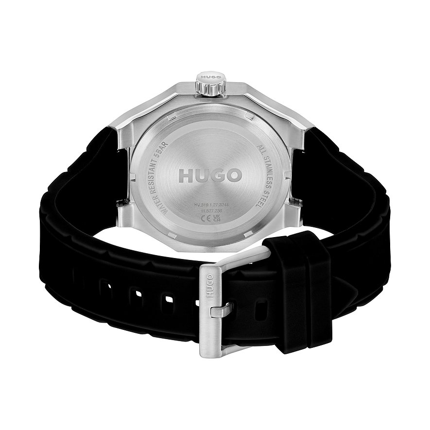 Hugo Herrenuhr mit Edelstahlgehäuse und schwarzem Armband.