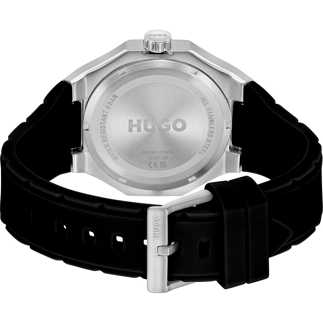 Hugo Herrenuhr mit Edelstahlgehäuse und schwarzem Armband.
