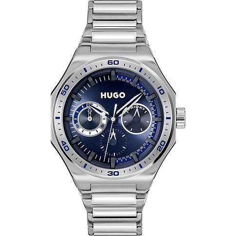 Hugo Herrenuhr mit Edelstahlgehäuse und blauem Zifferblatt mit zwei Totalisatoren.