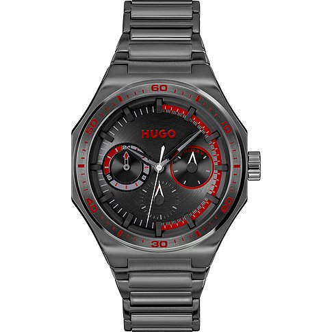 Hugo Herrenuhr mit Edelstahlgehäuse, analog, mit roten Akzenten.