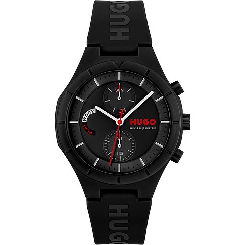 Hugo Herrenuhr mit Edelstahlgehäuse, schwarzes Zifferblatt, analog mit Chronograph.
