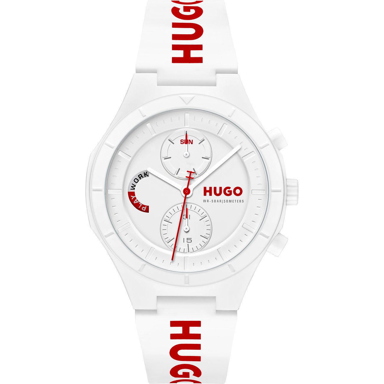 Hugo Herrenuhr mit Edelstahlgehäuse, analog, weißes Zifferblatt mit roten Akzenten.