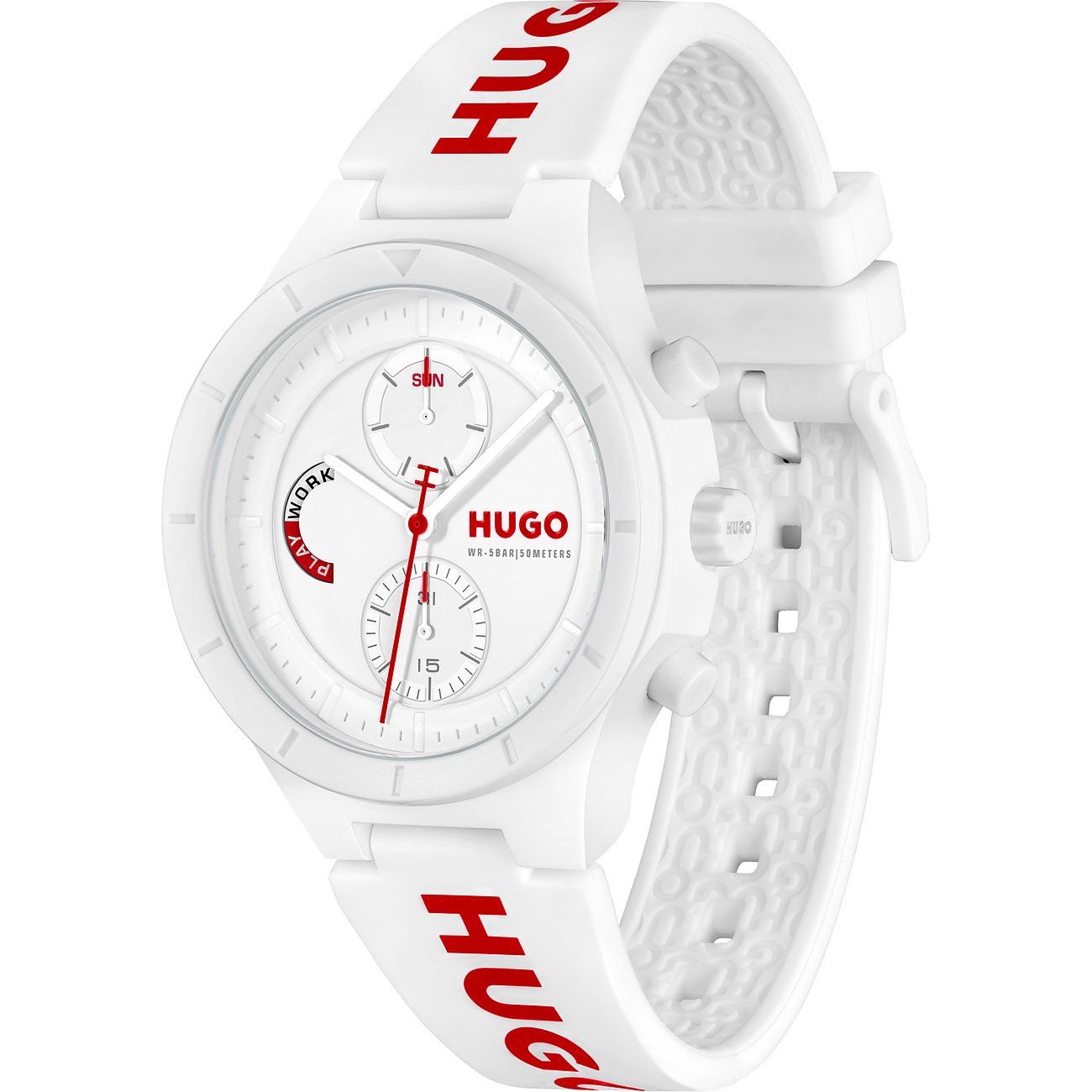 Hugo Herrenuhr mit Edelstahlgehäuse, weißes Zifferblatt, analoge Anzeige.