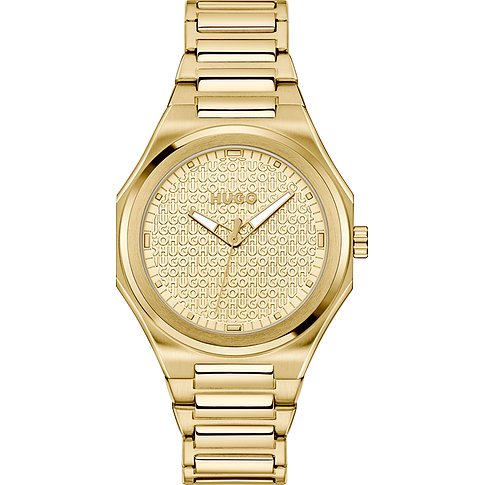 Hugo Unisexuhr aus Edelstahl mit analoger Anzeige und HUGO-Muster auf dem Zifferblatt.