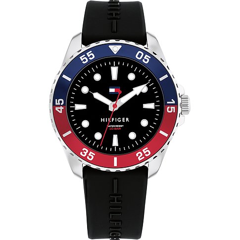 Tommy Hilfiger Kinderuhr mit Edelstahlgehäuse, schwarzem Zifferblatt und bicolor Lünette.