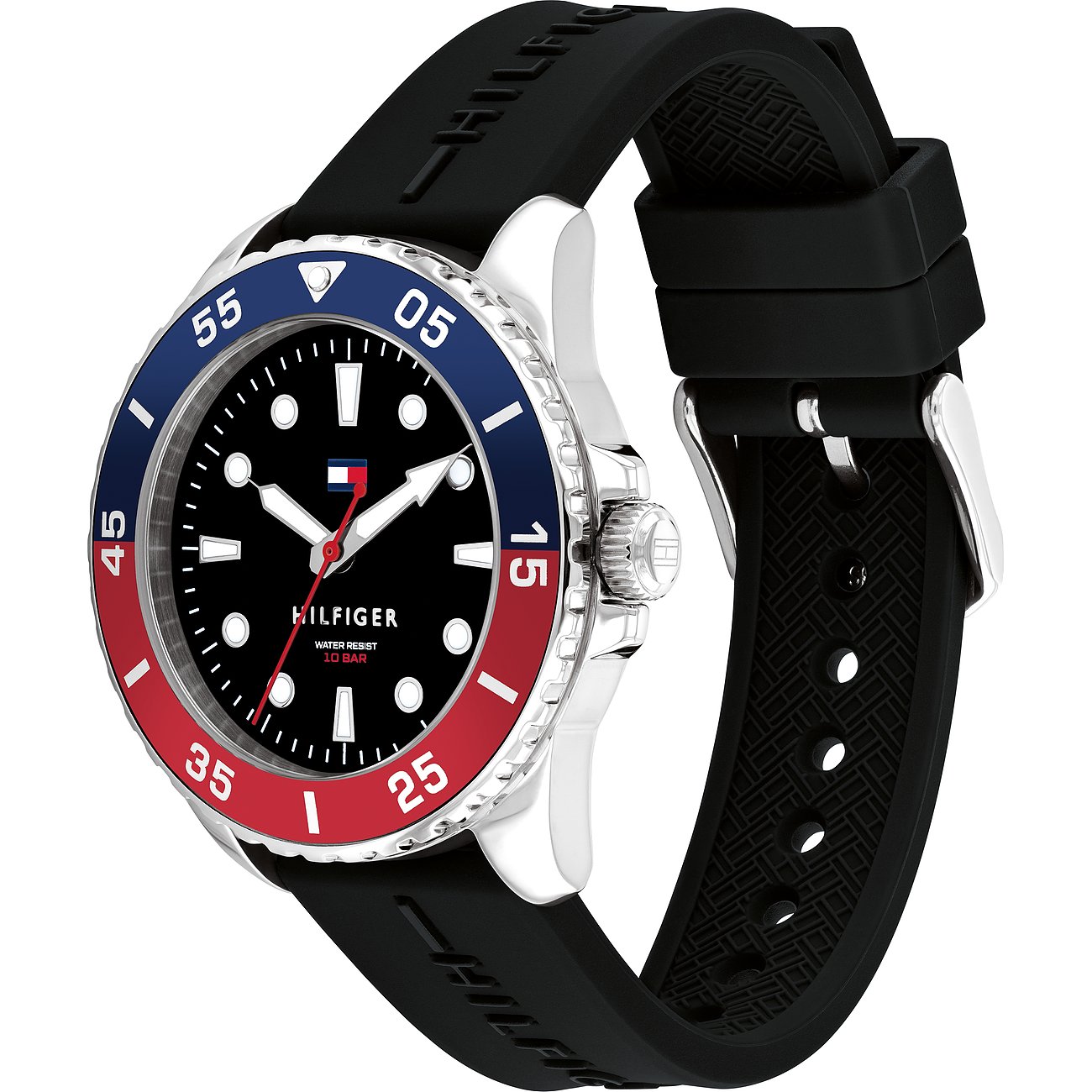 Tommy Hilfiger Kinderuhr mit Edelstahlgehäuse, blau-roter Lünette und schwarzem Armband.