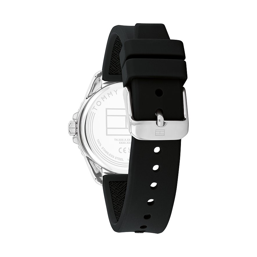 Tommy Hilfiger Kinderuhr mit Edelstahlgehäuse und schwarzem Armband.