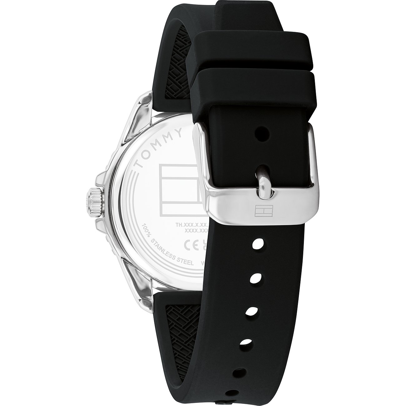 Tommy Hilfiger Kinderuhr mit Edelstahlgehäuse und schwarzem Armband.