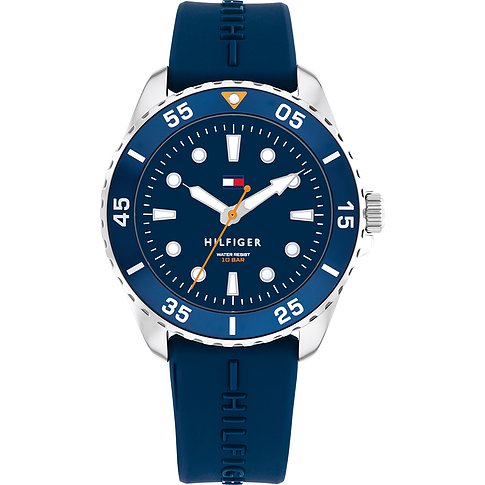 Tommy Hilfiger Kinderuhr mit Edelstahlgehäuse, blauem Zifferblatt und blauem Armband.