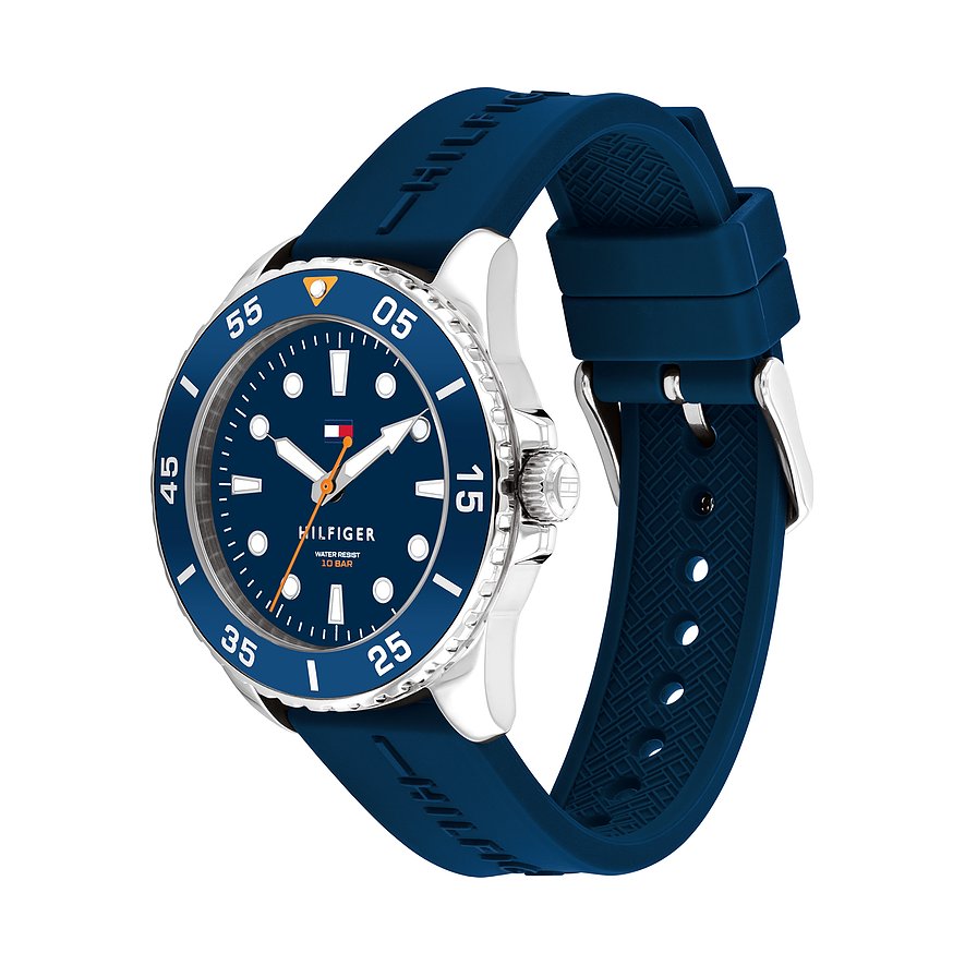 Tommy Hilfiger Kinderuhr mit Edelstahlgehäuse, blauem Zifferblatt und blauem Armband.