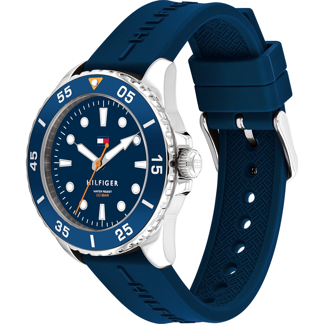 Tommy Hilfiger Kinderuhr mit Edelstahlgehäuse, blauem Zifferblatt und blauem Armband.