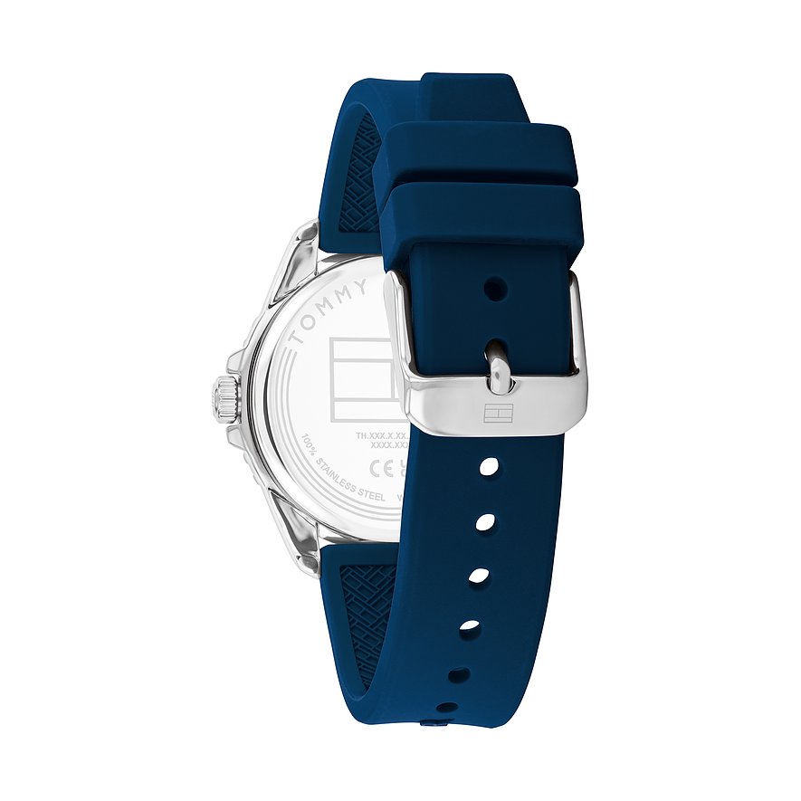 Tommy Hilfiger Kinderuhr mit Edelstahlgehäuse und blauem Armband.