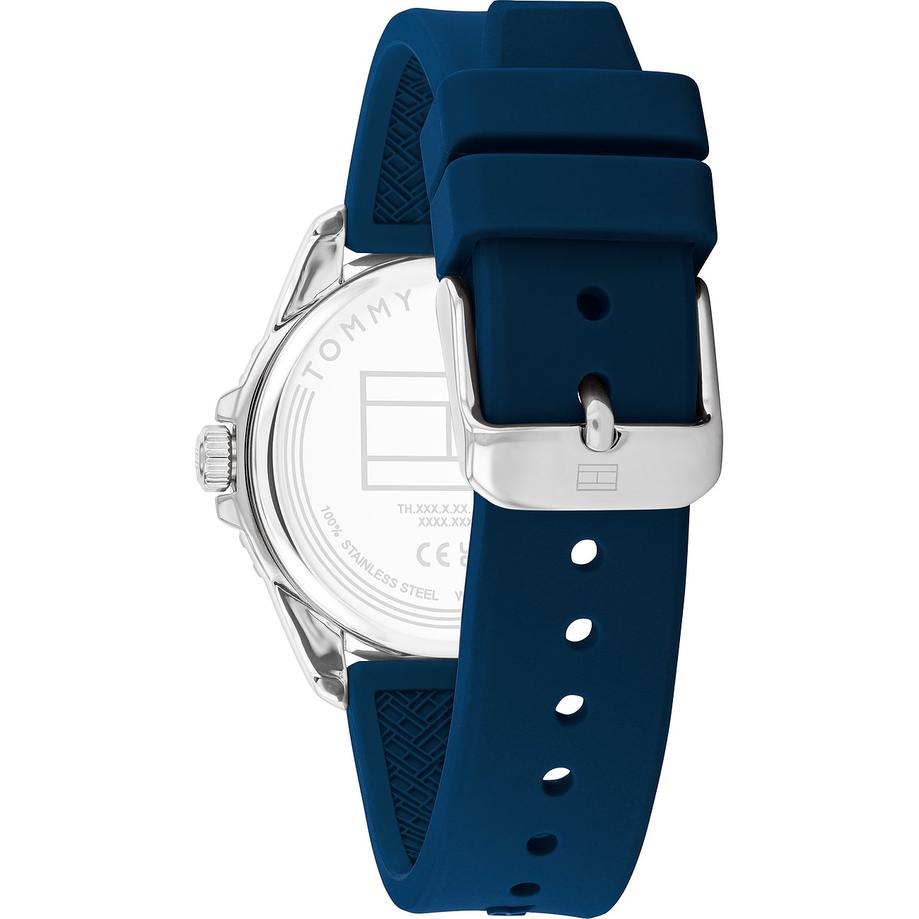 Tommy Hilfiger Kinderuhr mit Edelstahlgehäuse und blauem Armband.