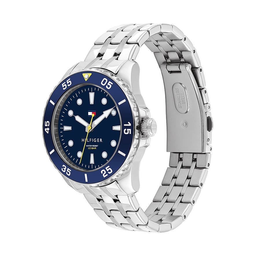 Tommy Hilfiger Kinderuhr aus Edelstahl mit blauem Zifferblatt und silberfarbenem Armband.