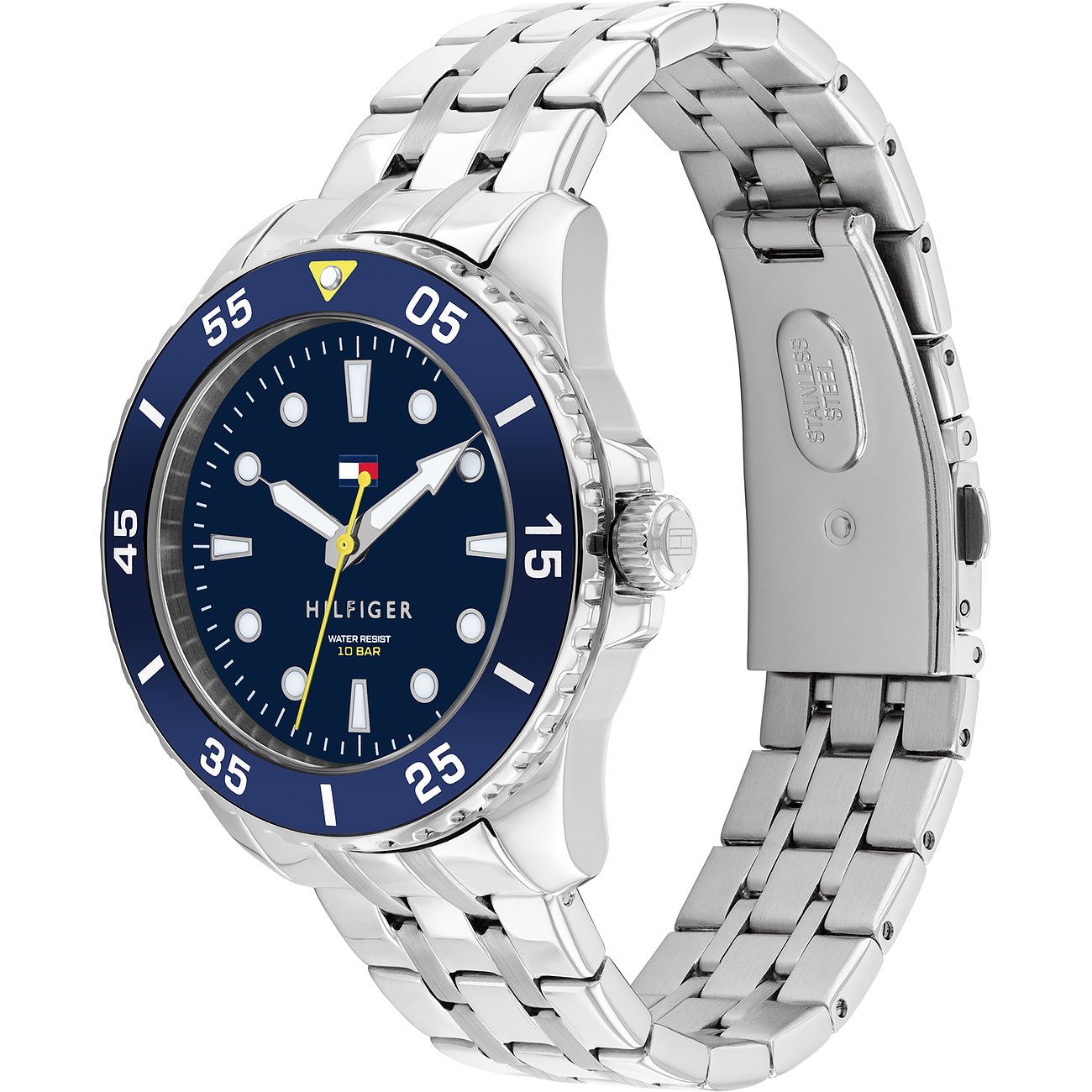 Tommy Hilfiger Kinderuhr aus Edelstahl mit blauem Zifferblatt und silberfarbenem Armband.