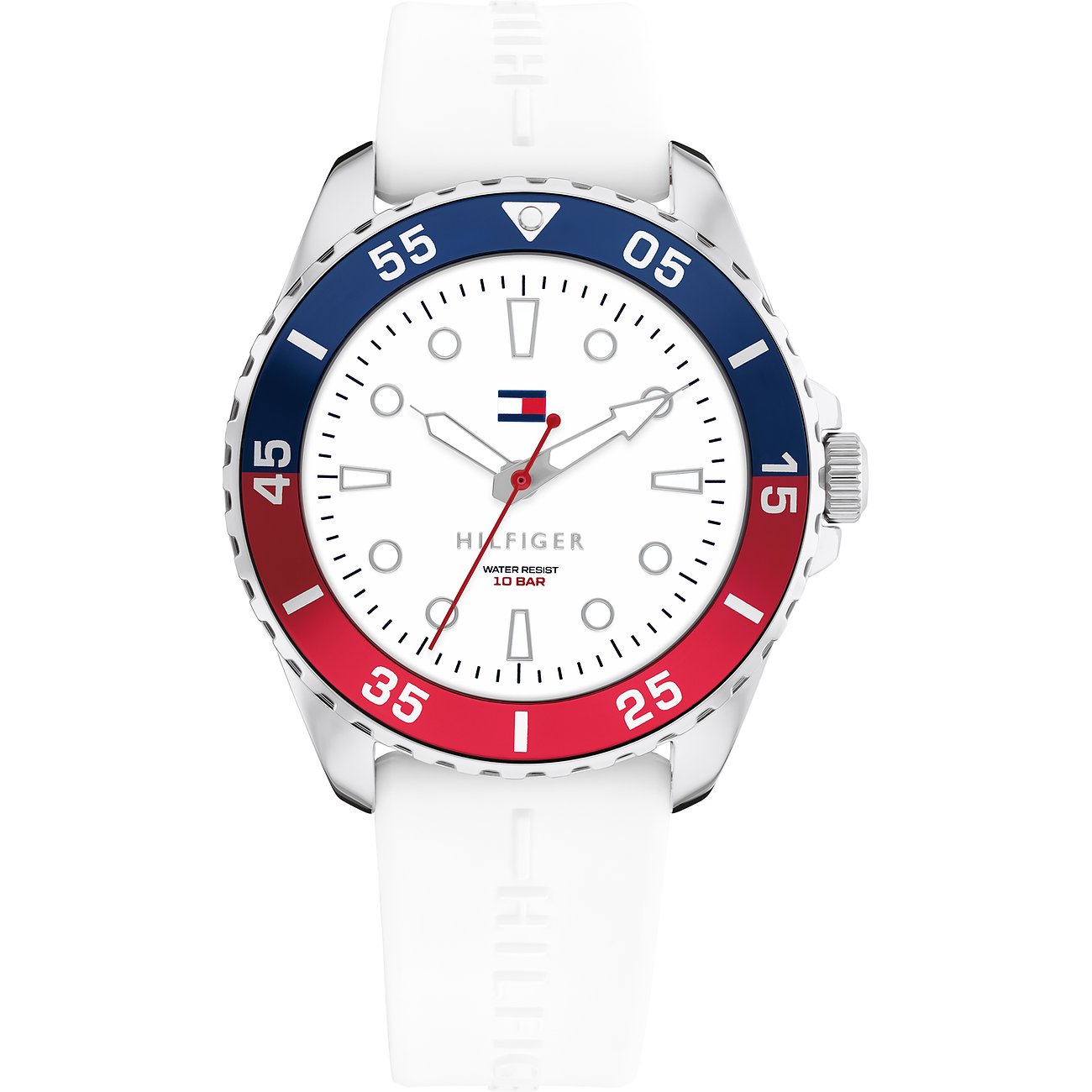 Tommy Hilfiger Kinderuhr mit Edelstahlgehäuse und dreifarbigem Zifferblatt.