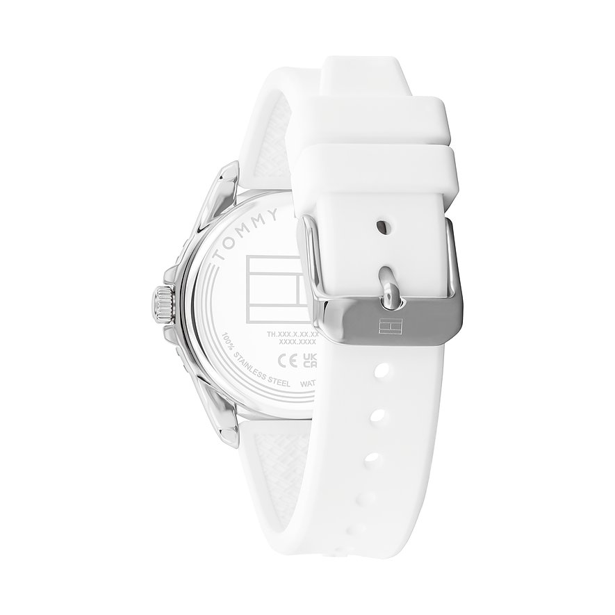 Tommy Hilfiger Kinderuhr mit Edelstahlgehäuse, weißem Armband und Tommy Hilfiger Logo.
