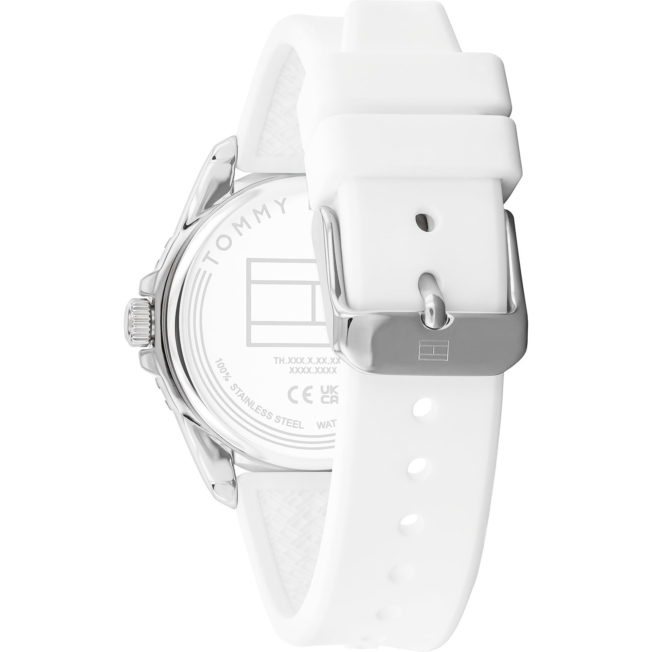 Tommy Hilfiger Kinderuhr mit Edelstahlgehäuse, weißem Armband und Tommy Hilfiger Logo.