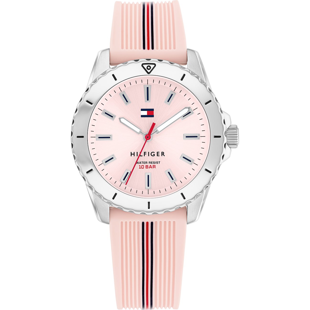 Tommy Hilfiger Kinderuhr mit Edelstahlgehäuse, rosa Zifferblatt und gestreiftem Armband.
