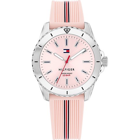 Tommy Hilfiger Kinderuhr mit Edelstahlgehäuse, rosa Zifferblatt und gestreiftem Armband.