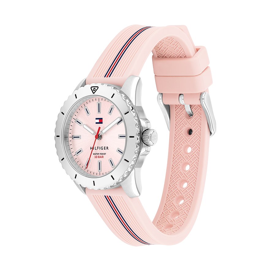 Tommy Hilfiger Kinderuhr mit Edelstahlgehäuse, rosafarbenem Zifferblatt und Streifen.