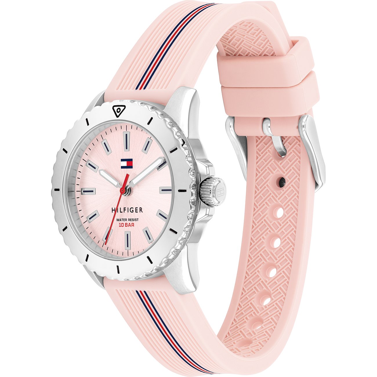Tommy Hilfiger Kinderuhr mit Edelstahlgehäuse, rosafarbenem Zifferblatt und Streifen.