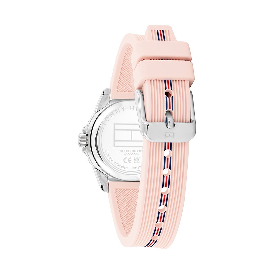 Tommy Hilfiger Kinderuhr mit Edelstahlgehäuse und rosa Silikonarmband mit Streifen.