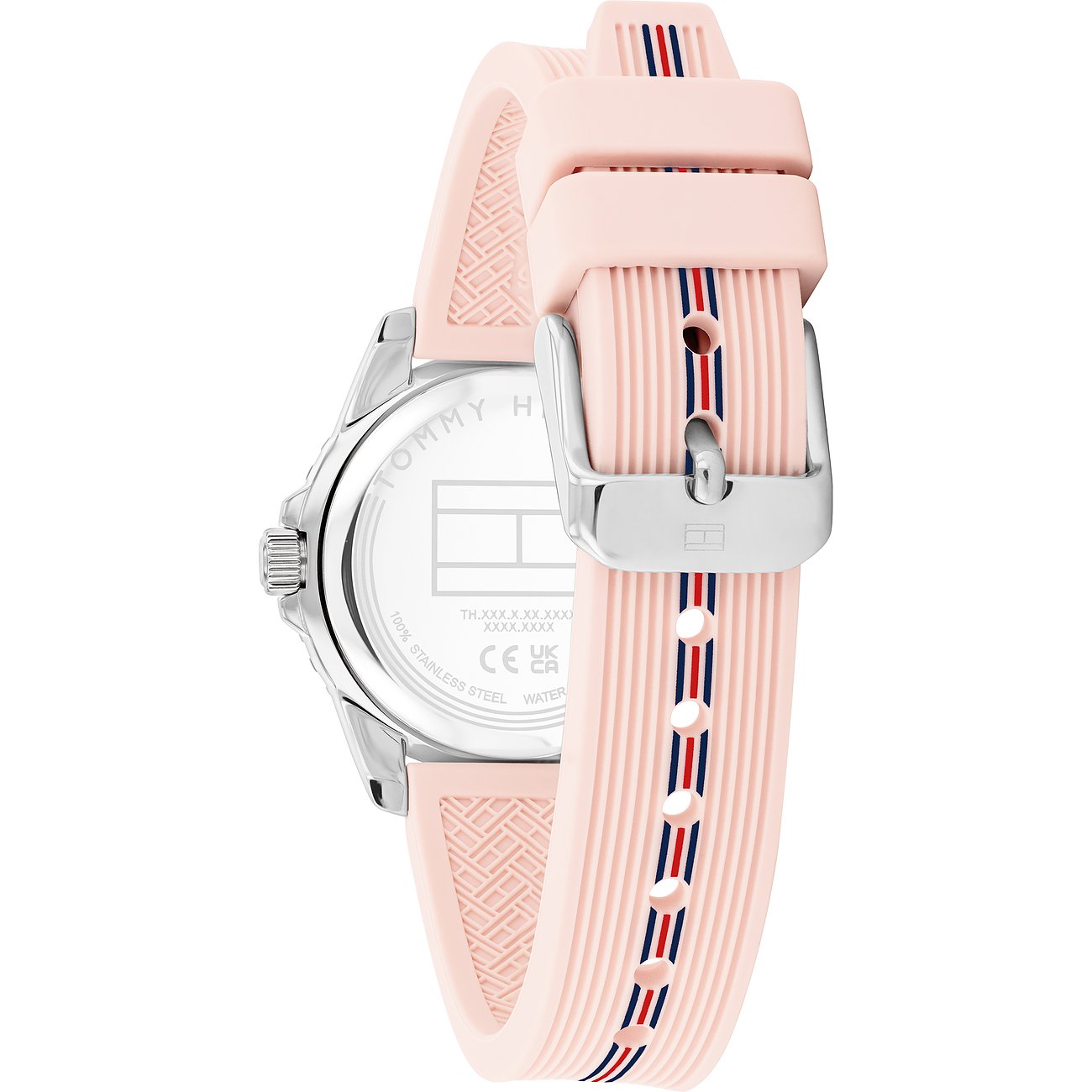 Tommy Hilfiger Kinderuhr mit Edelstahlgehäuse und rosa Silikonarmband mit Streifen.