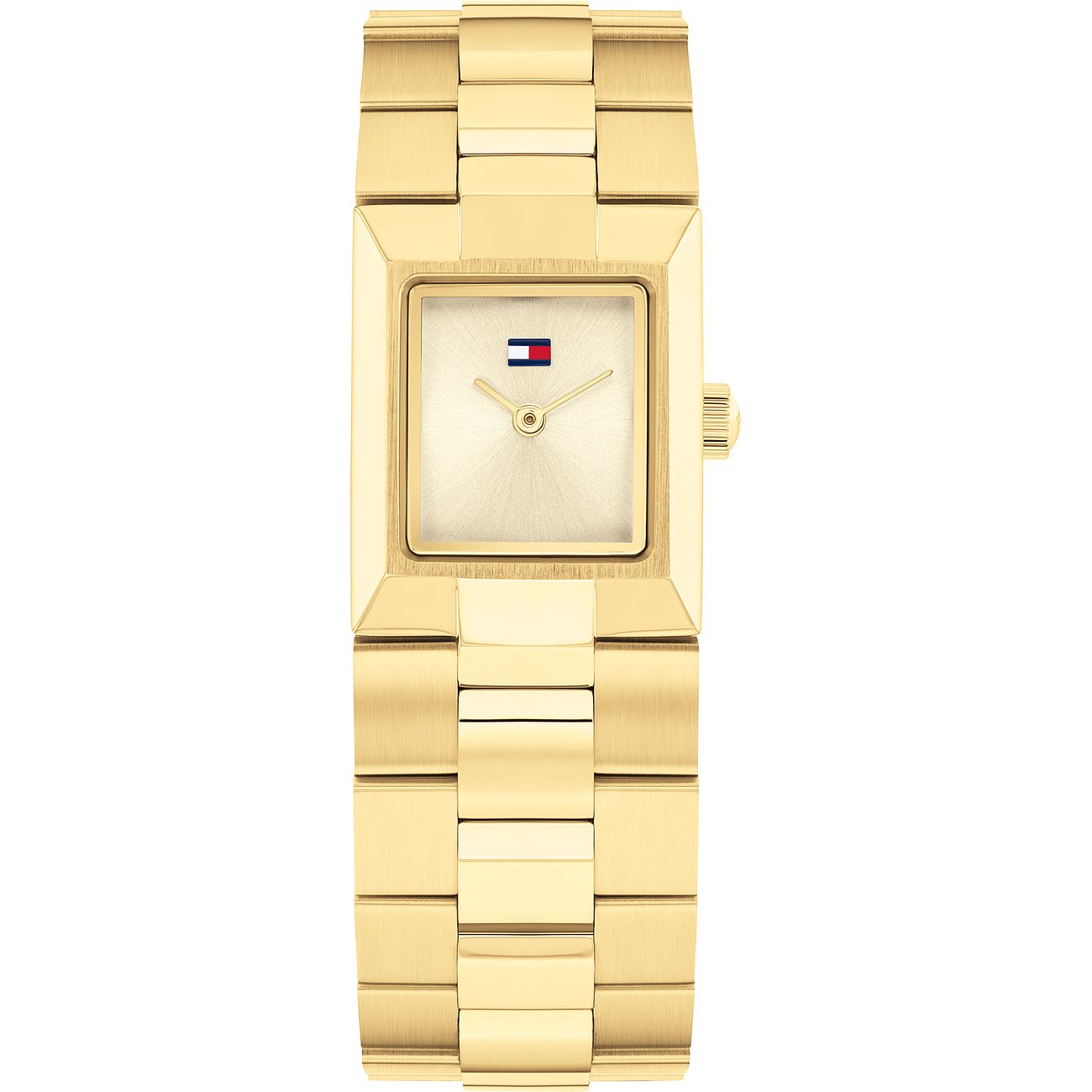 Tommy Hilfiger Damenuhr aus Edelstahl, goldfarben, rechteckiges Gehäuse, analog.