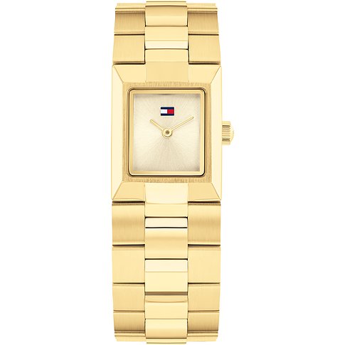 Tommy Hilfiger Damenuhr aus Edelstahl, goldfarben, rechteckiges Gehäuse, analog.