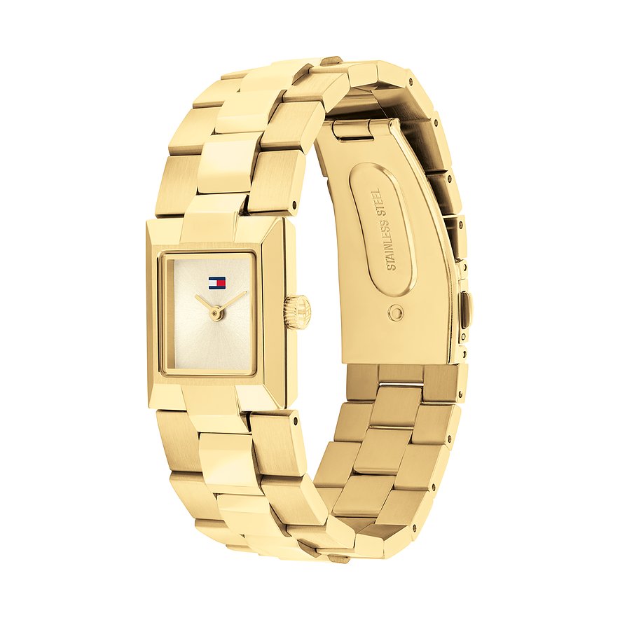 Tommy Hilfiger Damenuhr mit Edelstahlgehäuse, goldfarben, analog.